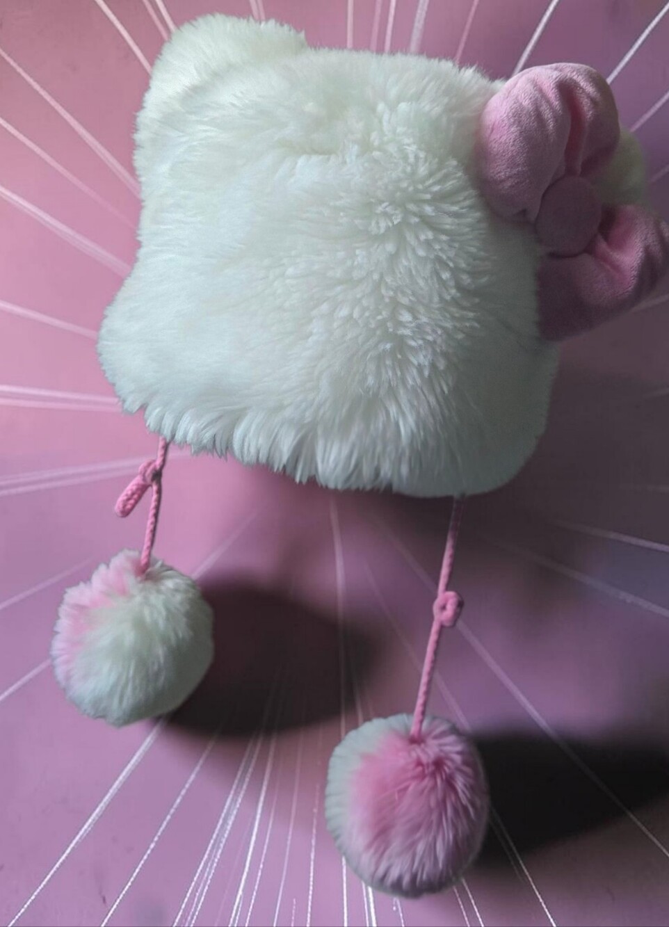 Sanrio White Plush Hat with Pink Bow and Pom Poms From Universal Studios Japan